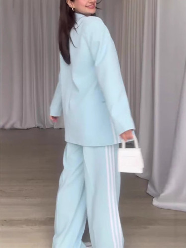 Solid Color Striped Print Blazer and Wide-Leg Trousers Set