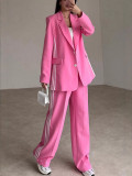 Solid Color Striped Print Blazer and Wide-Leg Trousers Set