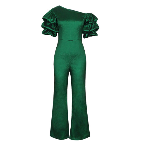 Sassy One-Shoulder Puff Sleeve High-Waisted Jumpsuits