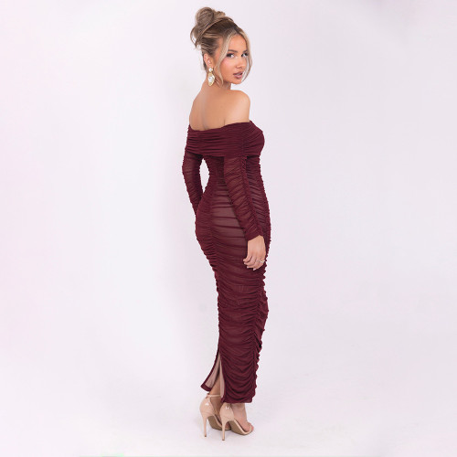 Elegant Mesh One-Shoulder Ruched Bodycon Dress