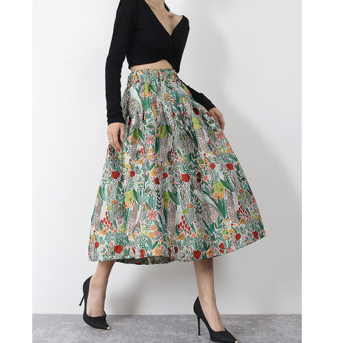 Vintage Jacquard Pleated High-Waisted A-Line Midi Skirt