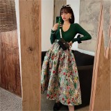 Vintage Jacquard Pleated High-Waisted A-Line Midi Skirt