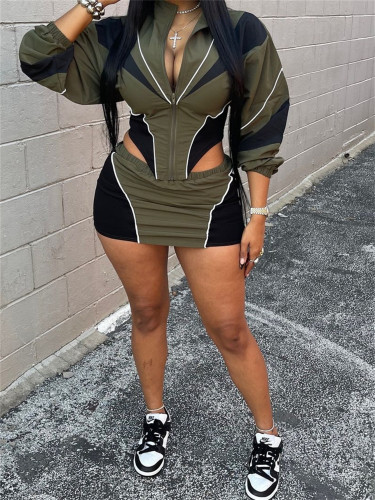Color-Block Long Sleeve Jacket and Mini Skirt Set