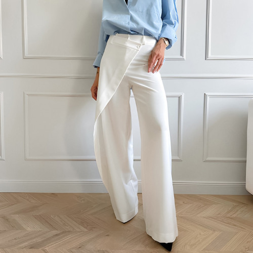 Asymmetrical Design White High-Waisted Wide-Leg Trousers