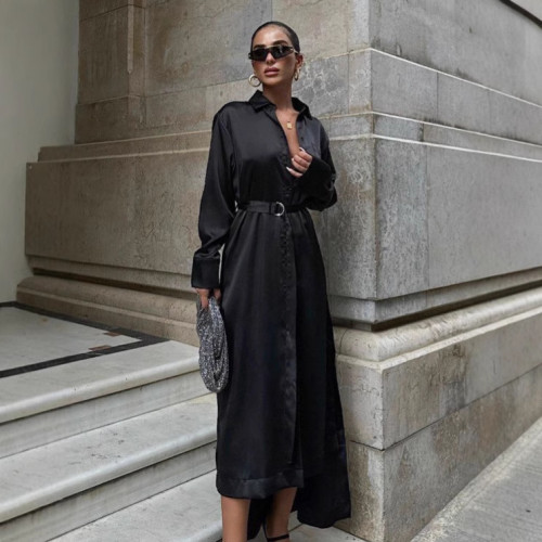 Blue Satin Tie Waist A-Line Maxi Shirt Dress