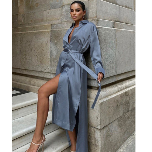 Blue Satin Tie Waist A-Line Maxi Shirt Dress