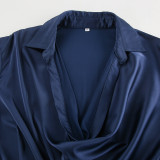 French Elegance Blue Cowl Neck Satin Waist Tie Bodycon Mini Dress