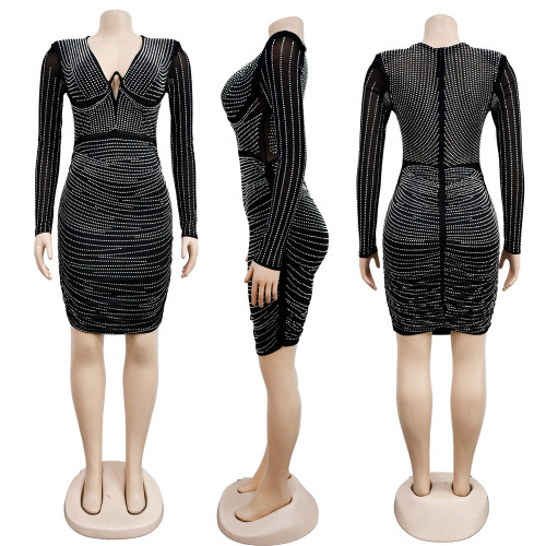 Elegant Solid Color Mesh Rhinestone Short bodycon Dress