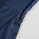 French Elegance Blue Cowl Neck Satin Waist Tie Bodycon Mini Dress