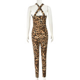 Sheer Mesh Leopard Print Backless Jumpsuit