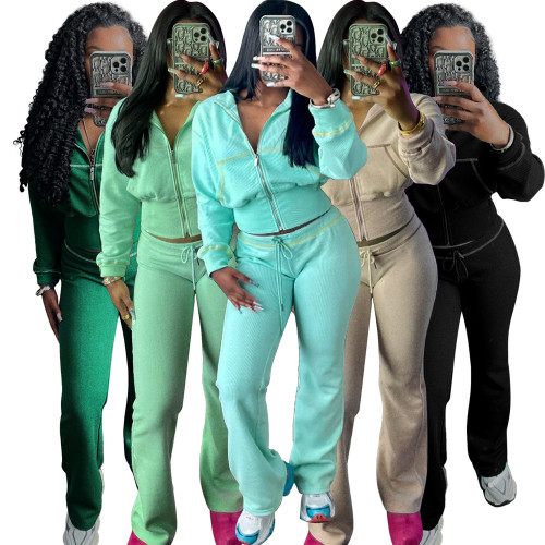 Women Casual Zipper Long Sleeve Hoodies and Pant two-piece Set