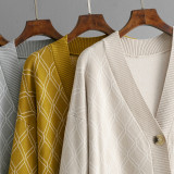 V-Neck Loose-Fit Diamond Pattern Knit Cardigan