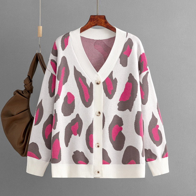 Vibrant Leopard Print Knit Cardigan Sweater for Women