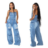 Women Casual Strapless Cargo Denim Jumpsuit