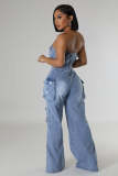 Women Casual Strapless Cargo Denim Jumpsuit