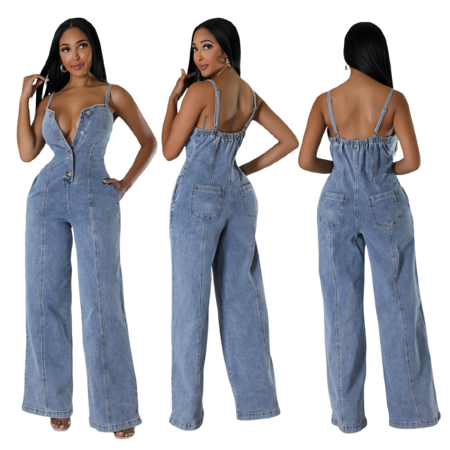 Women Casual Sexy Suspender Denim Jumpsuit