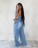 Women Casual Strapless Cargo Denim Jumpsuit