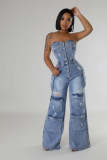 Women Casual Strapless Cargo Denim Jumpsuit