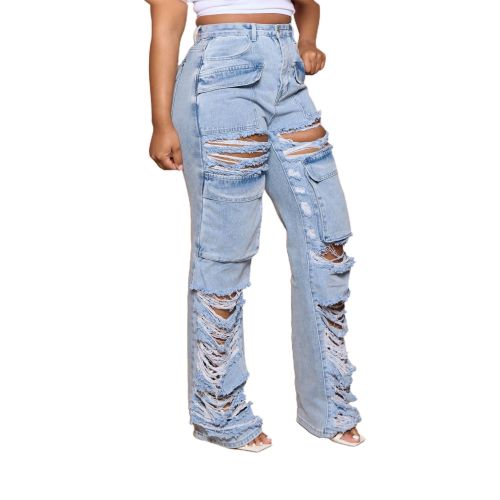 Women's Summer Loose High Waist Wide Leg Ripped Denim Pants Casual Jeans