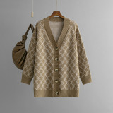 V-Neck Loose-Fit Diamond Pattern Knit Cardigan