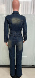 Women Long Sleeve Denim Stretchy Bell Bottom Jumpsuit