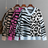 Leopard Print Patchwork Knit Pullover Sweater
