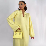 V-Neck Solid Color Casual Loose Knit Maxi Dress with Side Slit