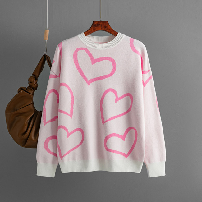 Round Neck Heart Color Block Knit Sweater