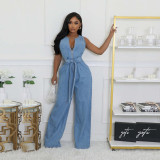 Tight Slim Elastic Waist Straight Loose Denim Jumpsuit