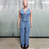 Tight Slim Elastic Waist Straight Loose Denim Jumpsuit