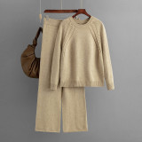 Casual Solid Color Knit Sweater and Wide-Leg Pants Set for Women