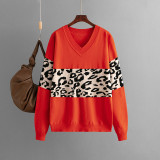 Minimalist V-Neck Loose Color Block Leopard Print Sweater for Women