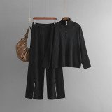 Solid Color High Neck Zip-Up Knit Sweater Set