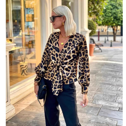Leopard Print Tie-Front V-Neck Long Sleeve Shirt