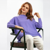 Solid Color High Neck Knitted Sweater for Women