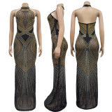 Solid Color Mesh Rhinestone Halter Neck Maxi Dress