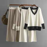 V-Neck Color Block Knit Sweater and Loose Wide-Leg Pants Set for Women