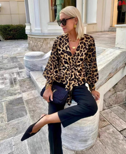 Leopard Print Tie-Front V-Neck Long Sleeve Shirt