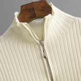 Solid Color High Neck Zip-Up Knit Sweater Set