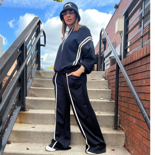 Ribbon Patchwork Hooded Hoodies Pants Two-Piece Tracksuit