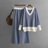 V-Neck Color Block Knit Sweater and Loose Wide-Leg Pants Set for Women