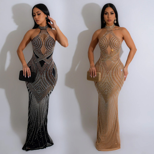 Solid Color Mesh Rhinestone Halter Neck Maxi Dress