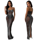 Women's Fashion Solid Color Mesh Beaded Slip Maxi Dress