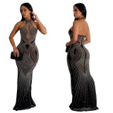 Solid Color Mesh Rhinestone Halter Neck Maxi Dress
