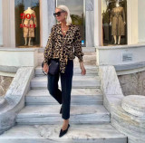Leopard Print Tie-Front V-Neck Long Sleeve Shirt
