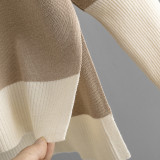 V-Neck Color Block Knit Sweater and Loose Wide-Leg Pants Set for Women