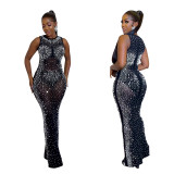 Solid Color Mesh Rhinestone Sleeveless Maxi Dress