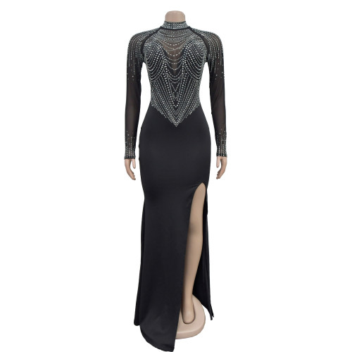 Women Beaded See Through Mesh Slit Long Dress 
