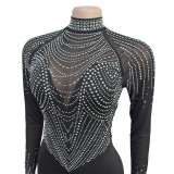 Women Beaded See Through Mesh Slit Long Dress 