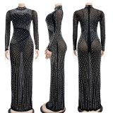 Sheer Mesh Long Sleeve Sparkling Rhinestone Maxi Dress with Inner Lining Two-Piece Set